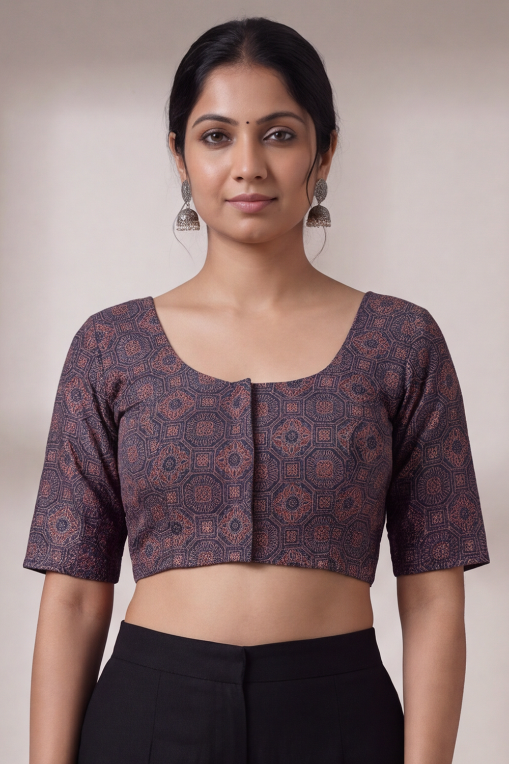 Women's Prints Cotton Blend Saree Sides Stretchable Blouse with Round Neck, Elbow Sleeve and Regular Fit | Ready-to-Wear Saree Blouse for Daily Wear & Festive Wear - H003