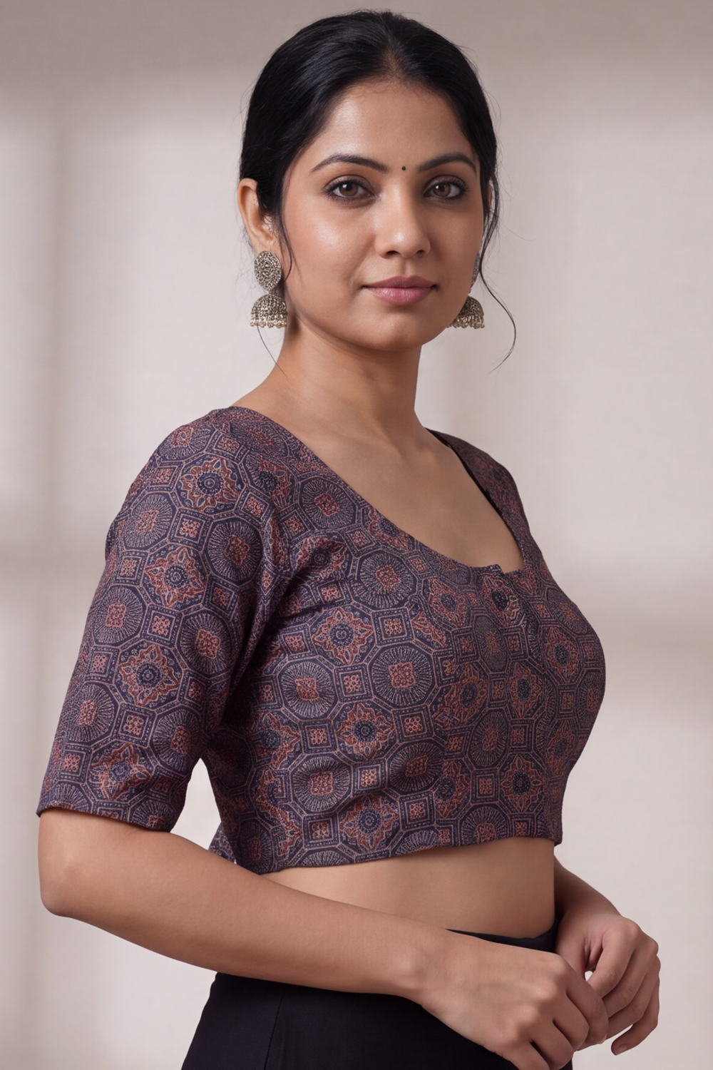 Women's Prints Cotton Blend Saree Sides Stretchable Blouse with Round Neck, Elbow Sleeve and Regular Fit | Ready-to-Wear Saree Blouse for Daily Wear & Festive Wear - H003
