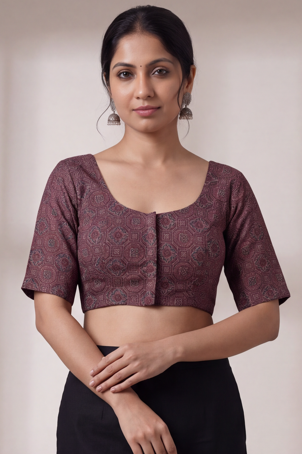 Women's Prints Cotton Blend Saree Sides Stretchable Blouse with Round Neck, Elbow Sleeve and Regular Fit | Ready-to-Wear Saree Blouse for Daily Wear & Festive Wear - H003