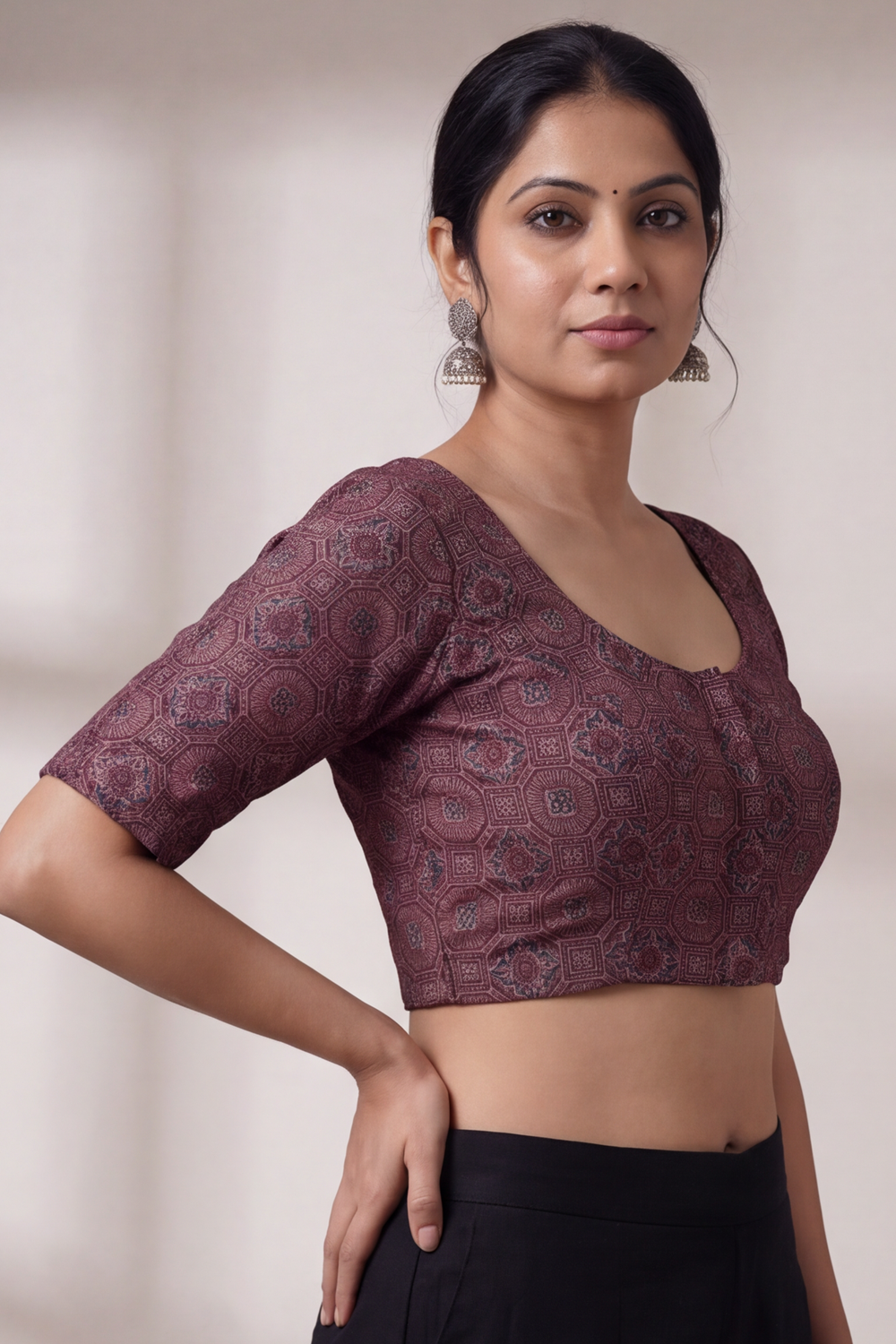 Women's Prints Cotton Blend Saree Sides Stretchable Blouse with Round Neck, Elbow Sleeve and Regular Fit | Ready-to-Wear Saree Blouse for Daily Wear & Festive Wear - H003