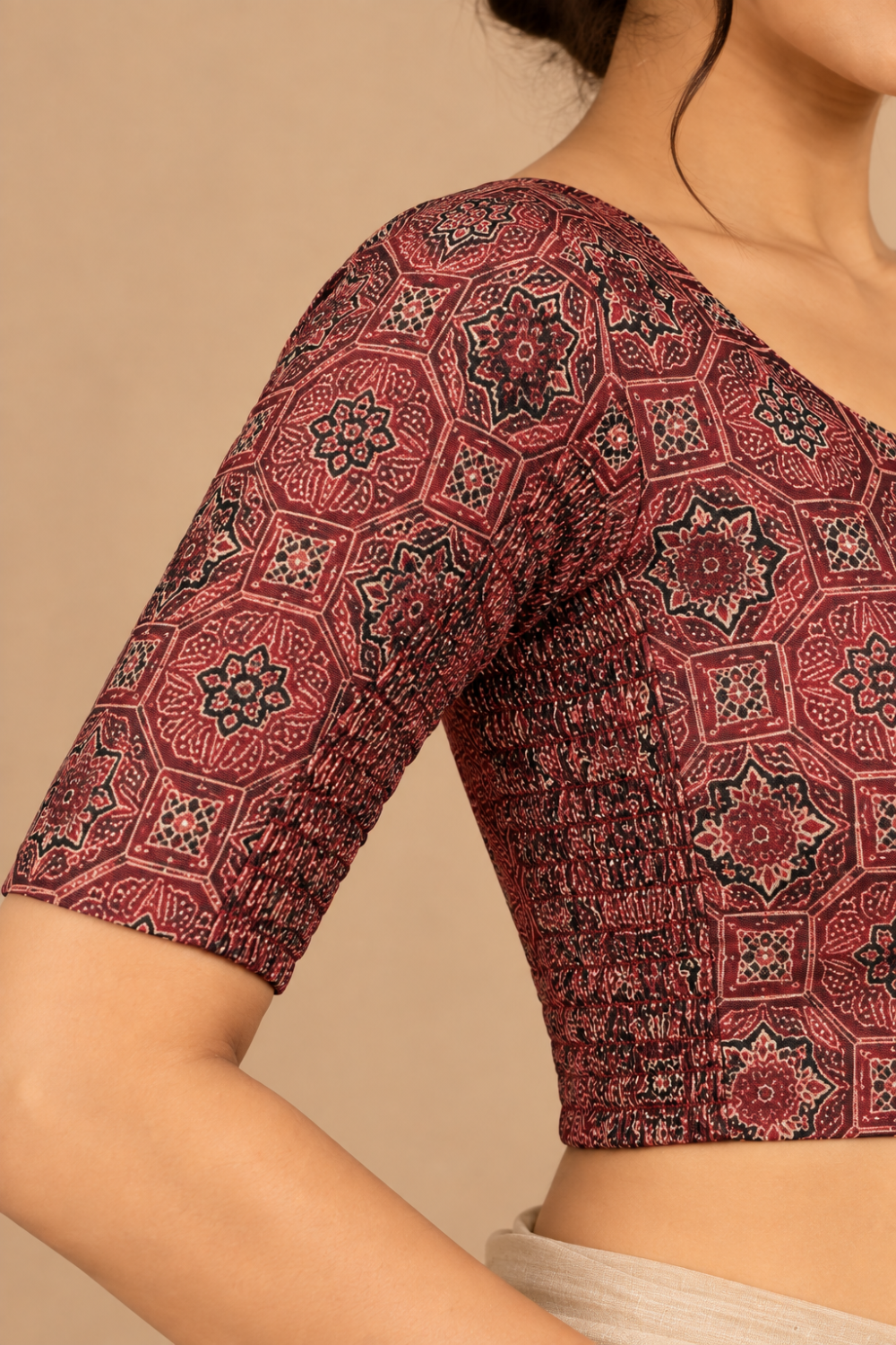 Women's Prints Cotton Blend Saree Sides Stretchable Blouse with Round Neck, Elbow Sleeve and Regular Fit | Ready-to-Wear Saree Blouse for Daily Wear & Festive Wear - H003