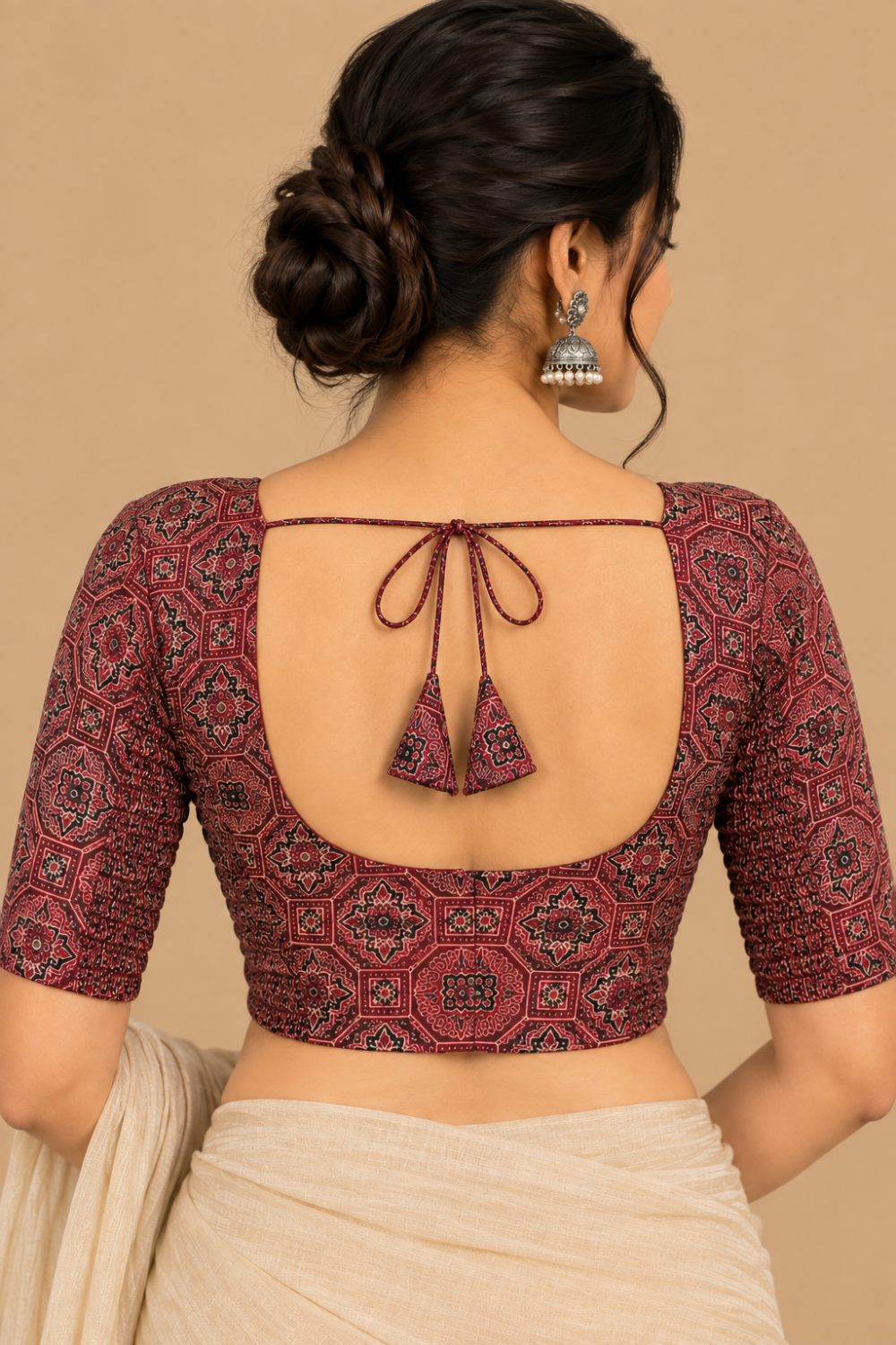 Women's Prints Cotton Blend Saree Sides Stretchable Blouse with Round Neck, Elbow Sleeve and Regular Fit | Ready-to-Wear Saree Blouse for Daily Wear & Festive Wear - H003