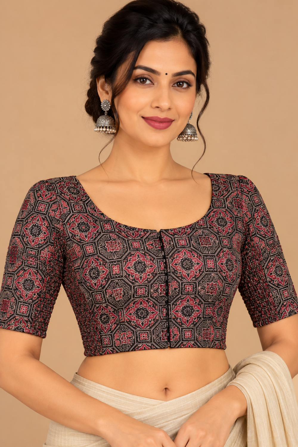 Women's Prints Cotton Blend Saree Sides Stretchable Blouse with Round Neck, Elbow Sleeve and Regular Fit | Ready-to-Wear Saree Blouse for Daily Wear & Festive Wear - H003
