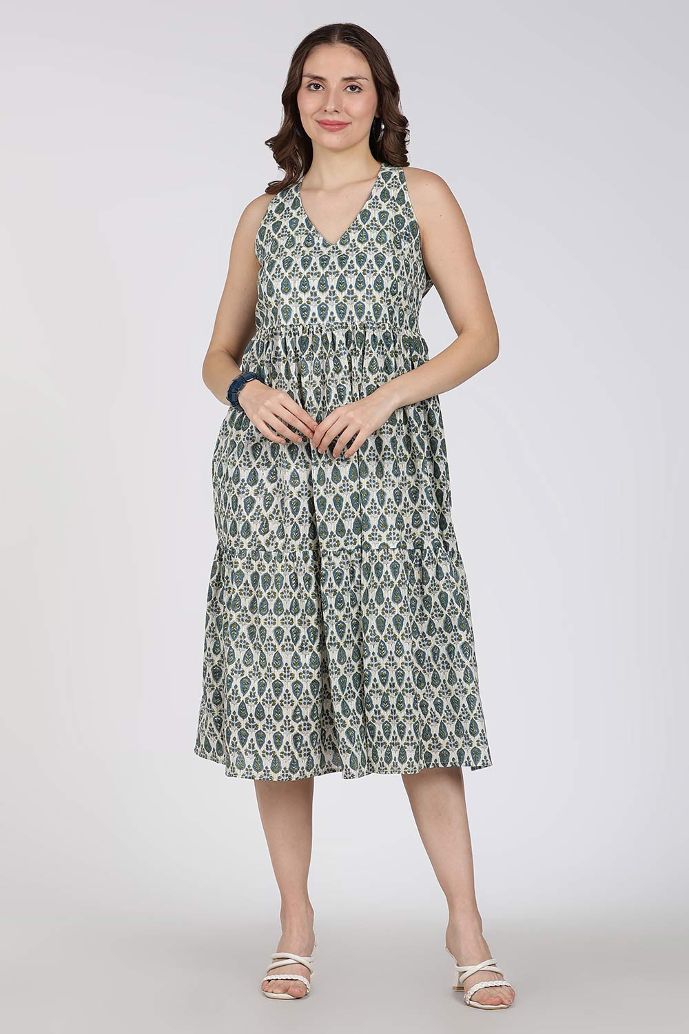 Mythri Women’s Cotton Dress – Jaipur Hand Block Print Halter Neck Calf Length Dress | Stylish Everyday Wear - HANV