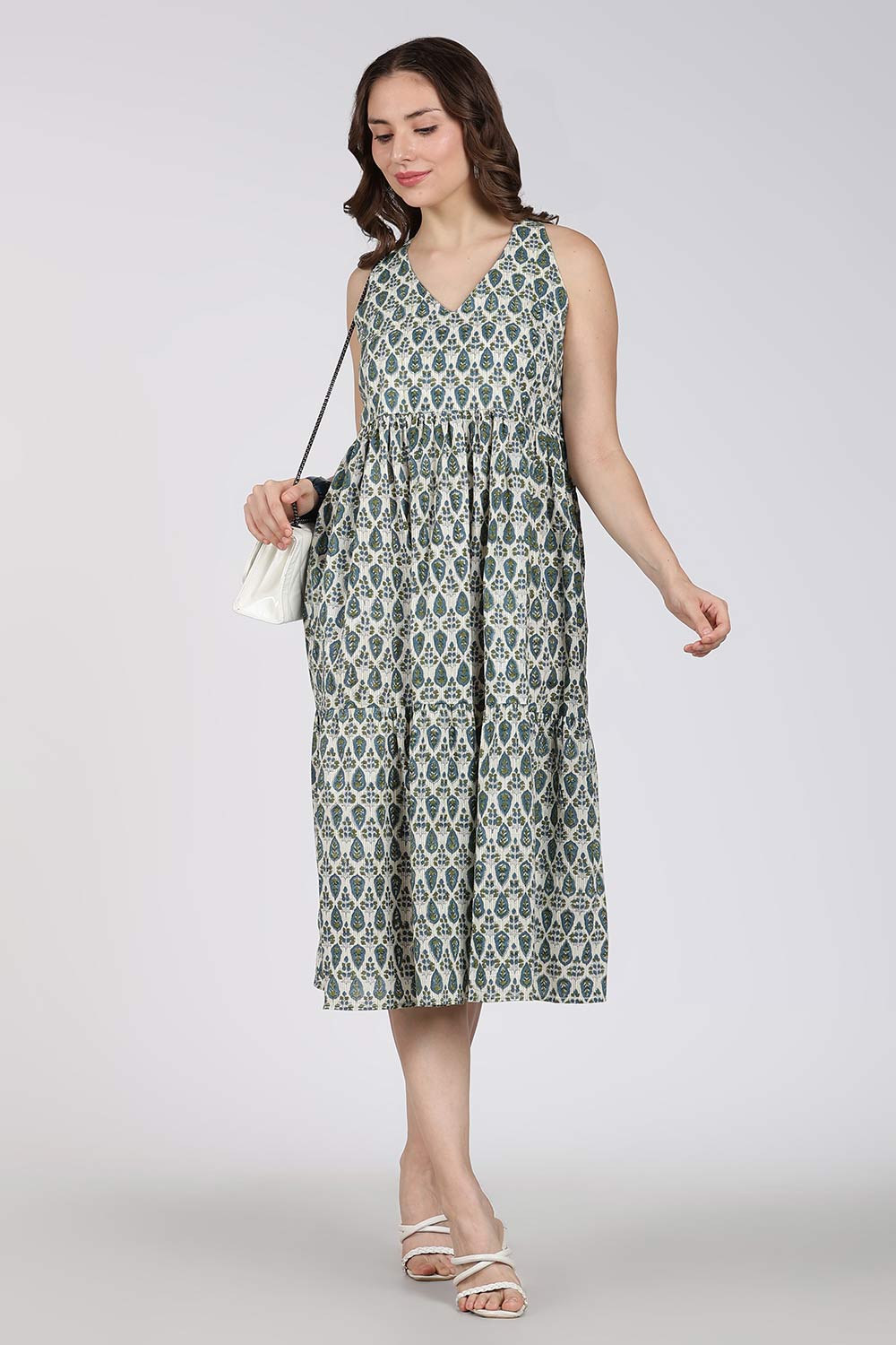 Mythri Women’s Cotton Dress – Jaipur Hand Block Print Halter Neck Calf Length Dress | Stylish Everyday Wear - HANV