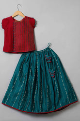 Chittythalli Traditional Pavadai Set with Petal Sleeve and Contrast Fabric Ball Detailings - Pink & Green - PS30