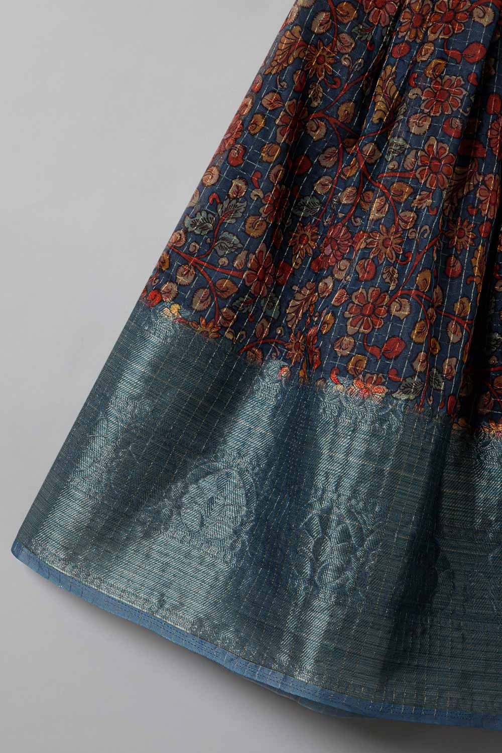Chittythalli Traditional Pavadai Set V Neck short sleeve top with Box pleated Skirt - Orange & Grey - PS38