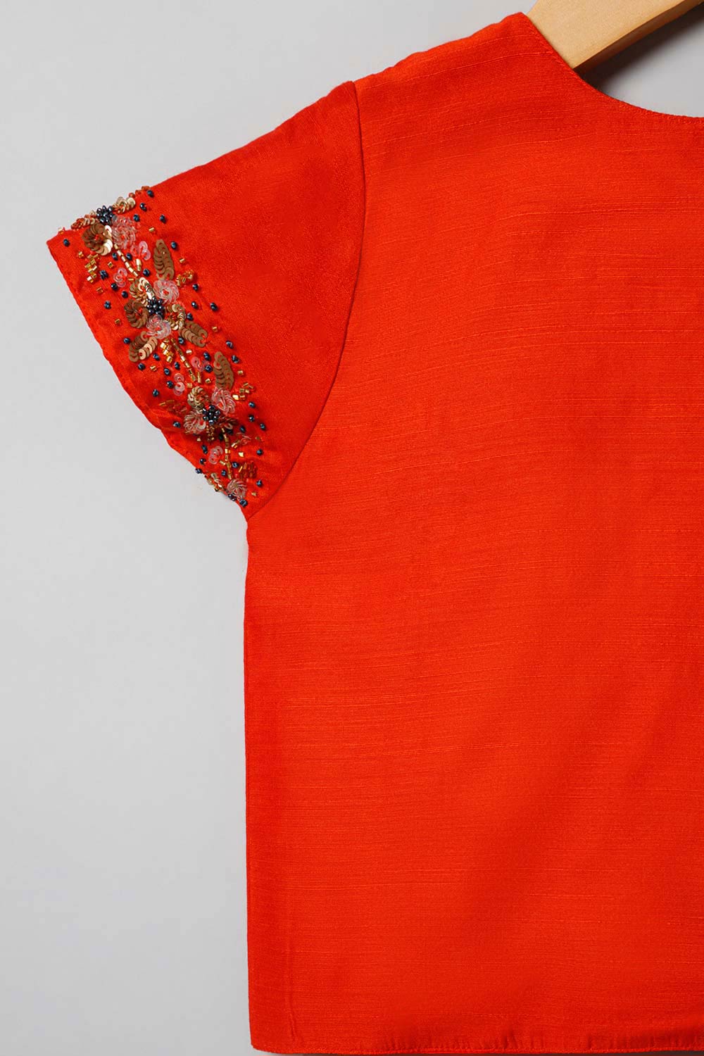 Chittythalli Traditional Pavadai Set V Neck short sleeve top with Box pleated Skirt - Orange & Grey - PS38