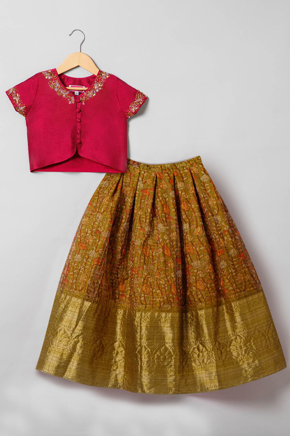 Chittythalli Traditional Pavadai Set V Neck short sleeve top with Box pleated Skirt - Pink & Green - PS38