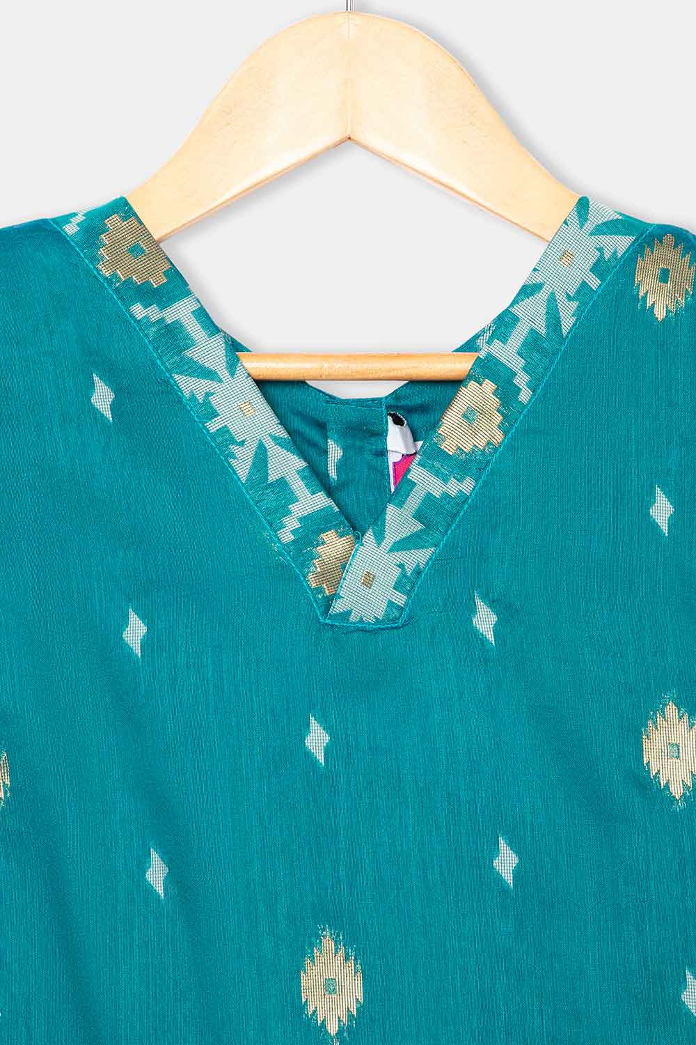 Chittythalli Stylized Neckline Top with Pleated Sleeves & Box Pleat Skirt - Teal Green - PS82