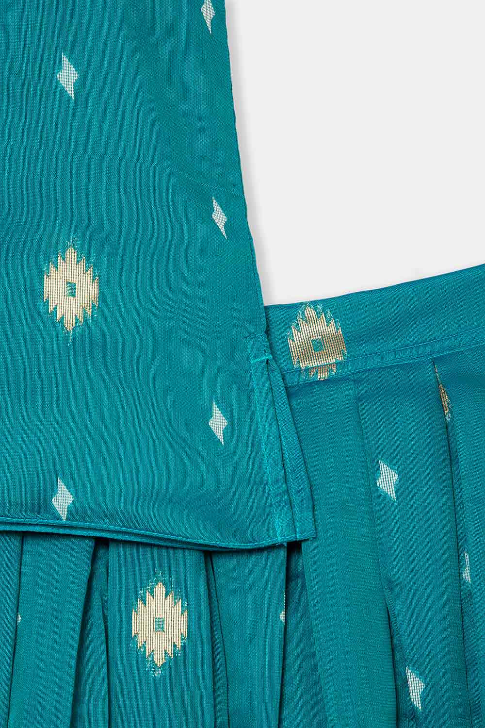 Chittythalli Stylized Neckline Top with Pleated Sleeves & Box Pleat Skirt - Teal Green - PS82