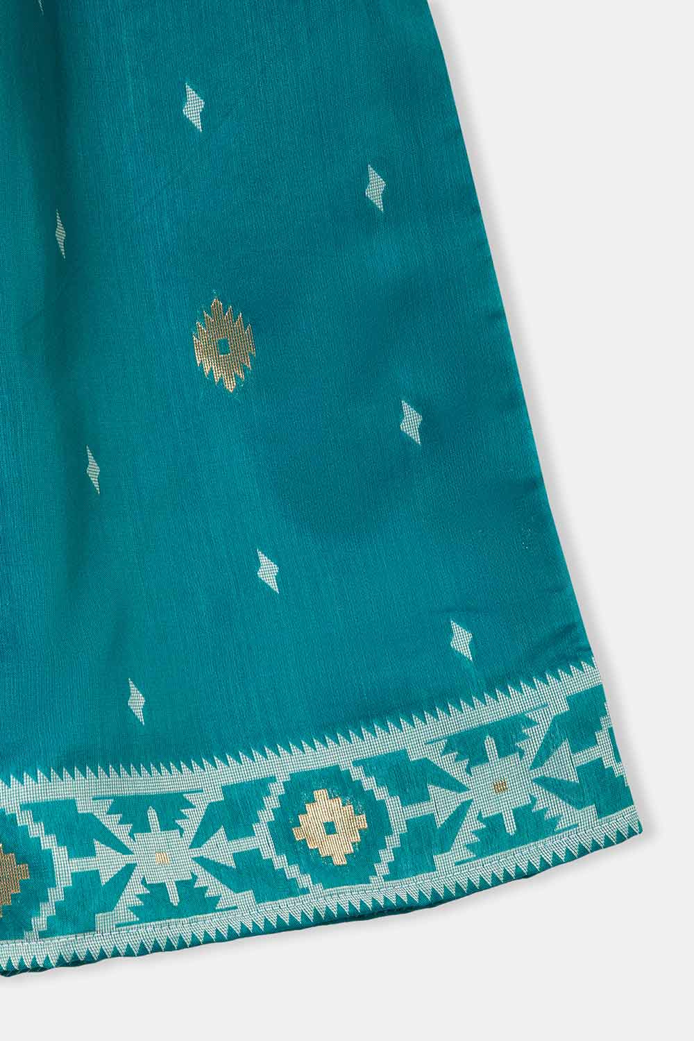 Chittythalli Stylized Neckline Top with Pleated Sleeves & Box Pleat Skirt - Teal Green - PS82