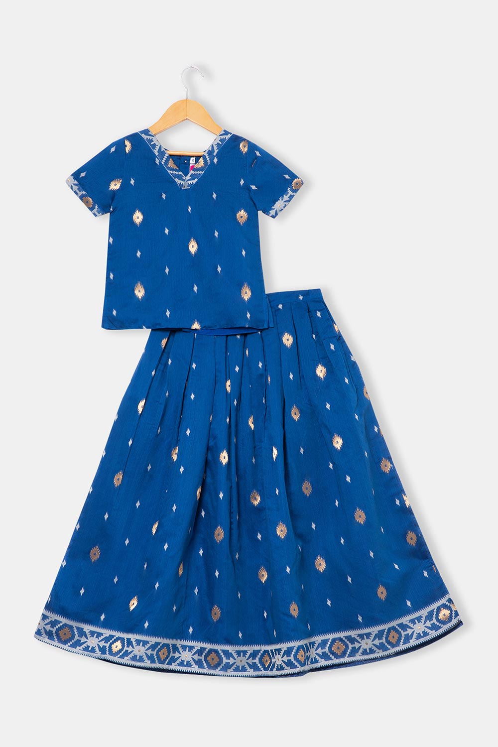 Chittythalli Stylized Neckline Top with Pleated Sleeves & Box Pleat Skirt - Blue  - PS82