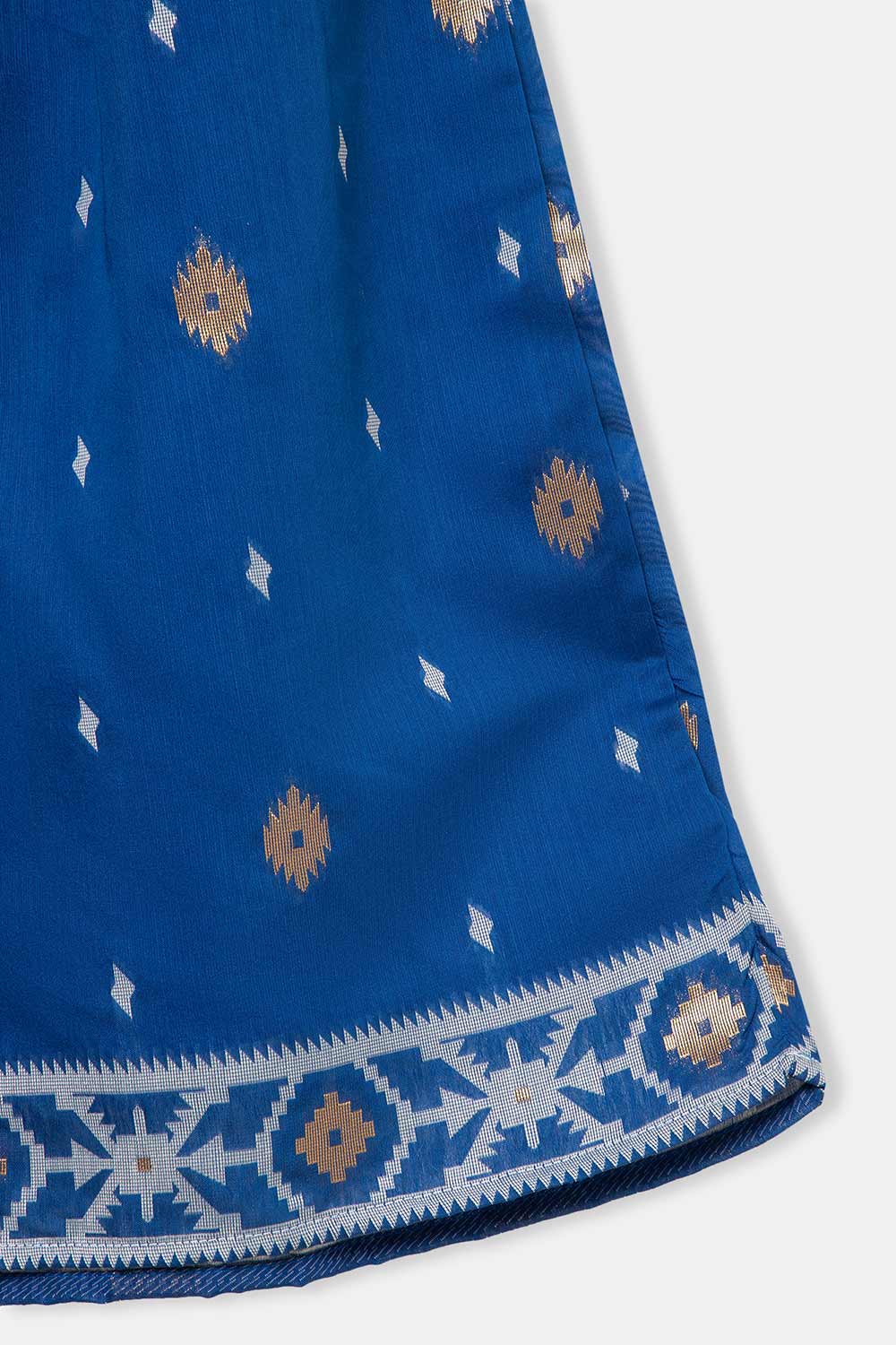 Chittythalli Stylized Neckline Top with Pleated Sleeves & Box Pleat Skirt - Blue  - PS82