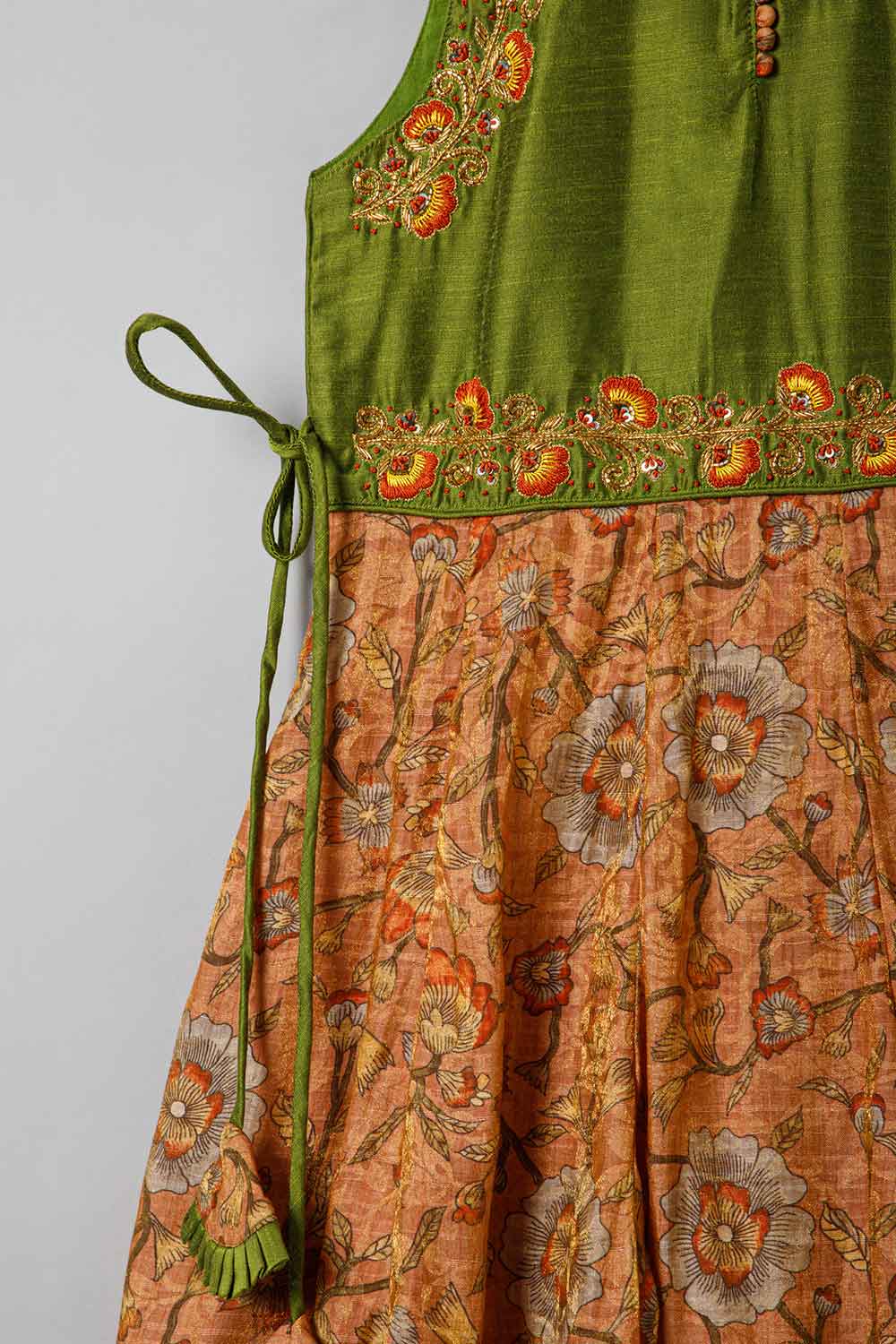 Chittythalli Ethnic Frock with Round Neck Cape Sleeve - Green & Peach - FR43