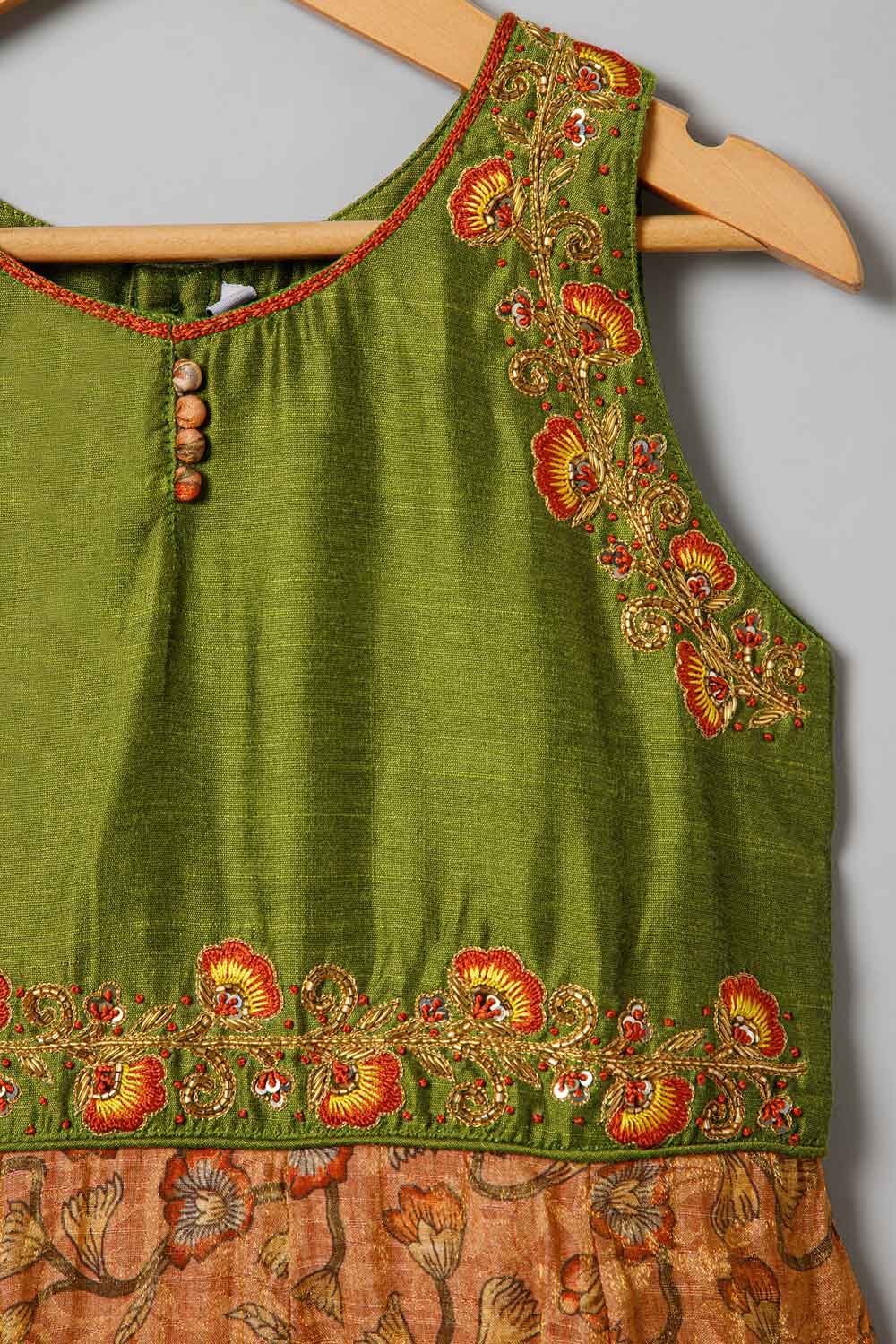 Chittythalli Ethnic Frock with Round Neck Cape Sleeve - Green & Peach - FR43