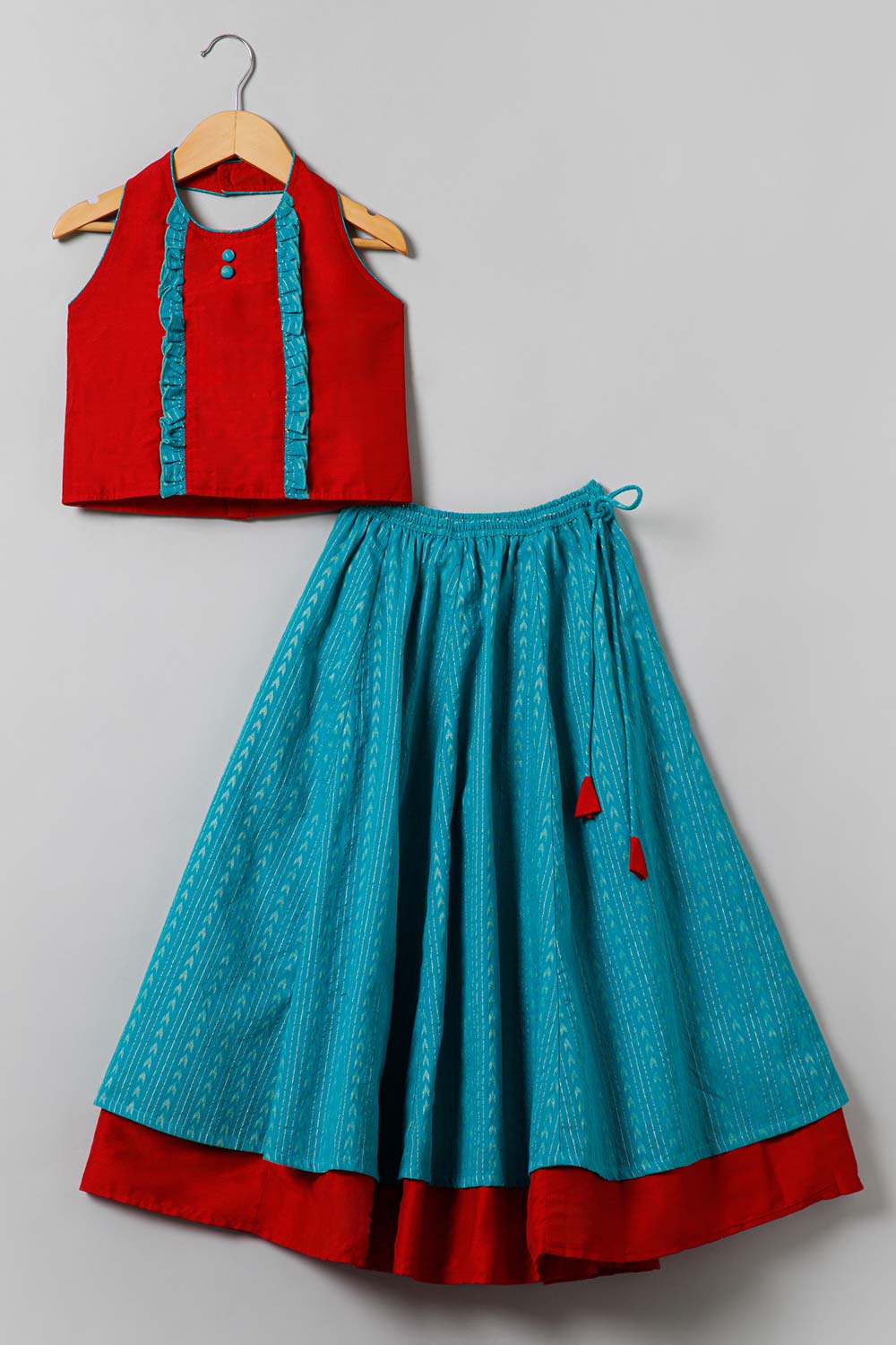 Chittythalli Traditional Pavadai Set with Halter Neck - Red & Blue - PS28