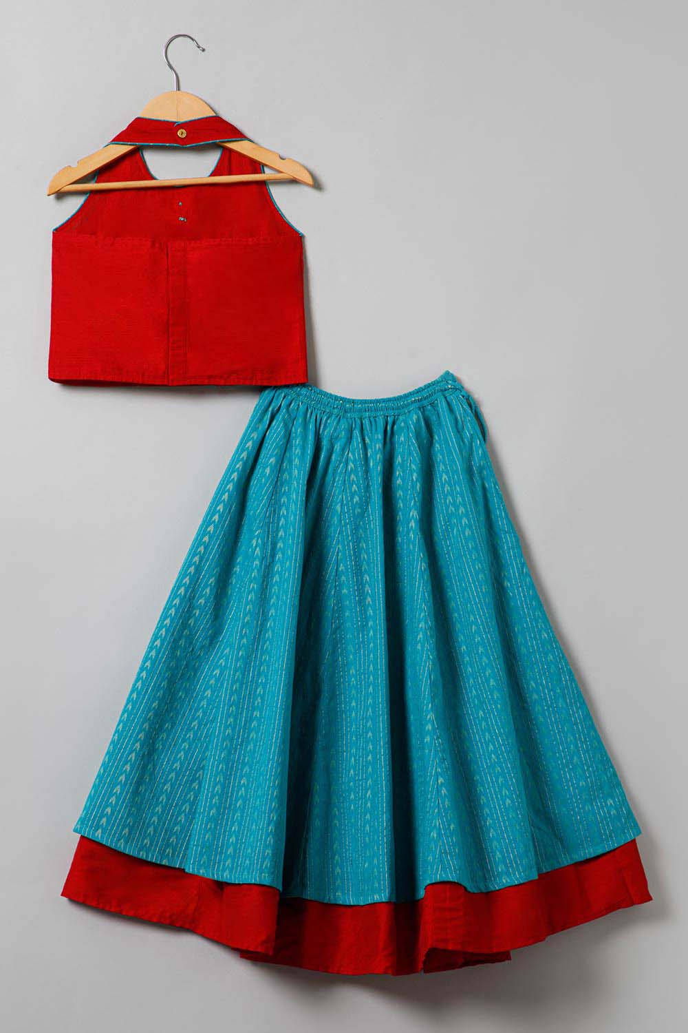 Chittythalli Traditional Pavadai Set with Halter Neck - Red & Blue - PS28