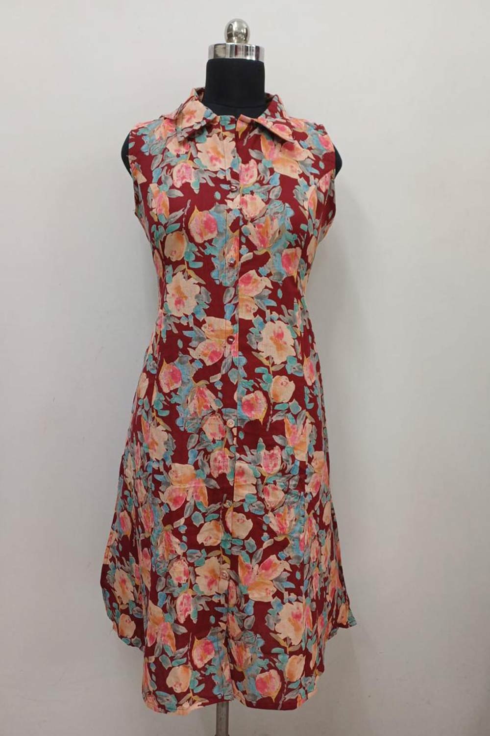 Women's Cotton Blend Printed Sleeveless Kurti | Regular Collar Below Knee Kurti for Women | Regular Fit Ethnic Daily Wear Kurta - JS53