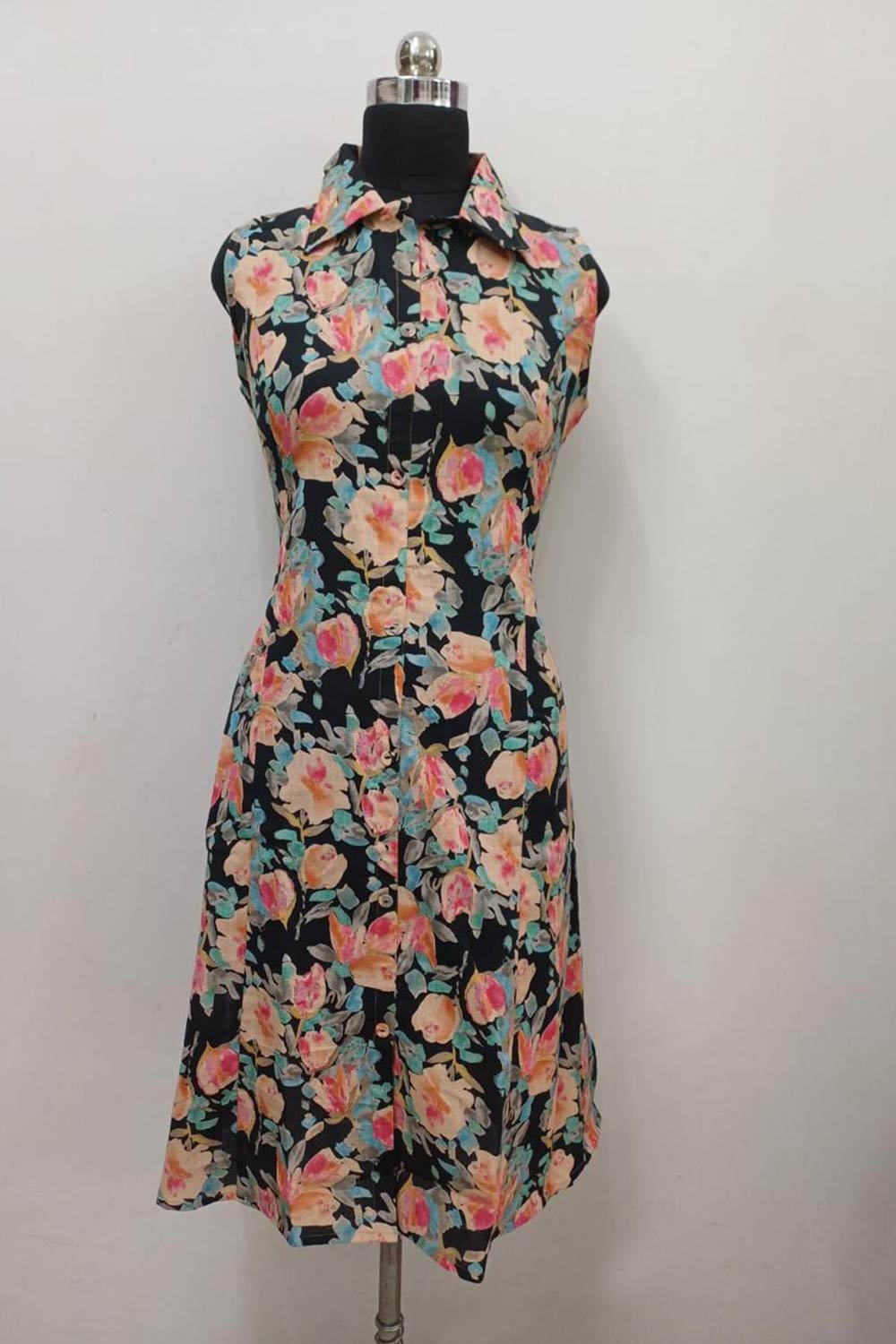 Women's Cotton Blend Printed Sleeveless Kurti | Regular Collar Below Knee Kurti for Women | Regular Fit Ethnic Daily Wear Kurta - JS53