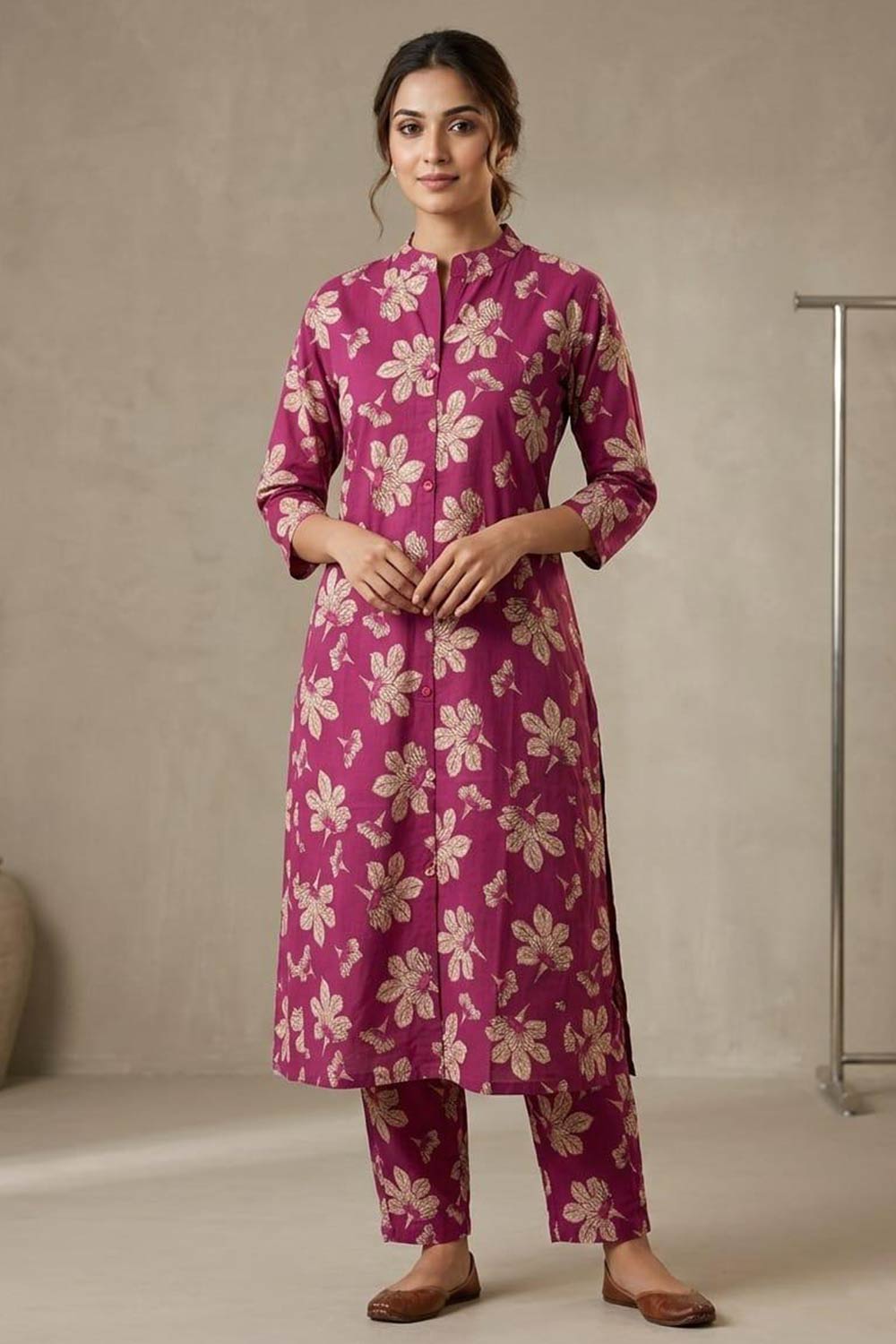 Women's Cotton Blend Printed Kurti Set | Mandarin Collar 3/4 Sleeve Ethnic Kurta Set for Women | Regular Fit Below Knee Daily & Office Wear - JS85