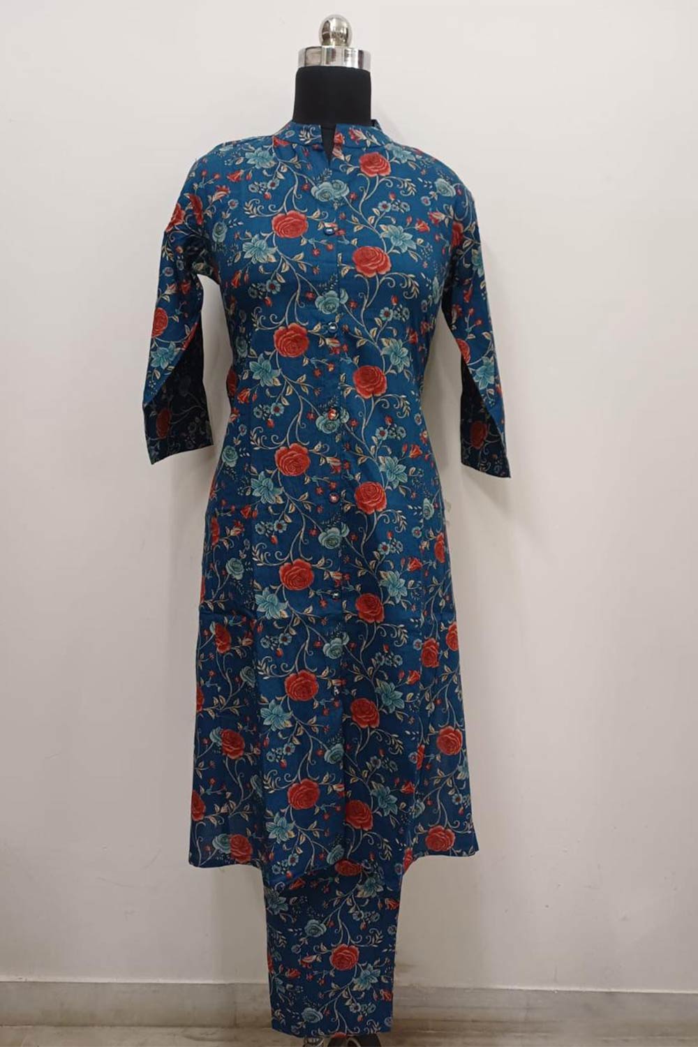 Women's Cotton Blend Printed Kurti Set | Mandarin Collar 3/4 Sleeve Ethnic Kurta Set for Women | Regular Fit Below Knee Daily & Office Wear - JS85