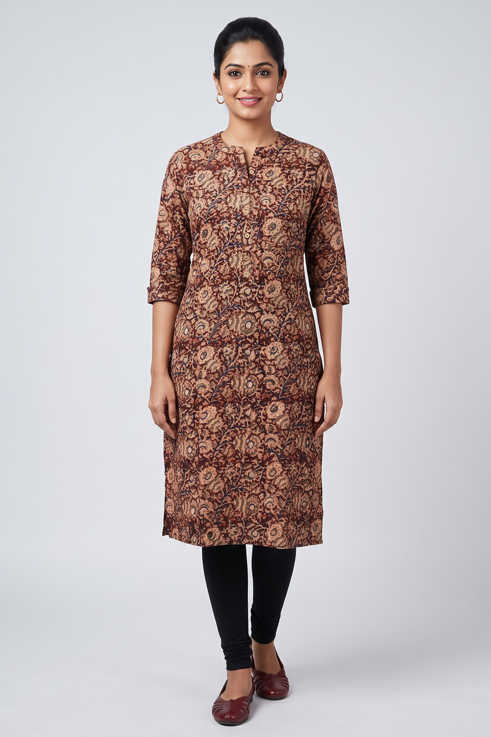 Women's Prints Cotton Blend Kurti with Round With V Cut Neck, 3/4 Sleeve and Regular Fit - Below Knee | Casual Ethnic Wear Kurti for Daily Wear & Casual Outings - F123