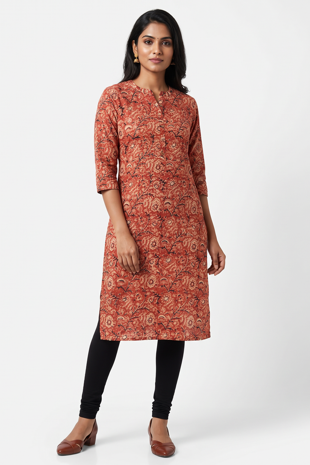 Women's Prints Cotton Blend Kurti with Round With V Cut Neck, 3/4 Sleeve and Regular Fit - Below Knee | Casual Ethnic Wear Kurti for Daily Wear & Casual Outings - F123