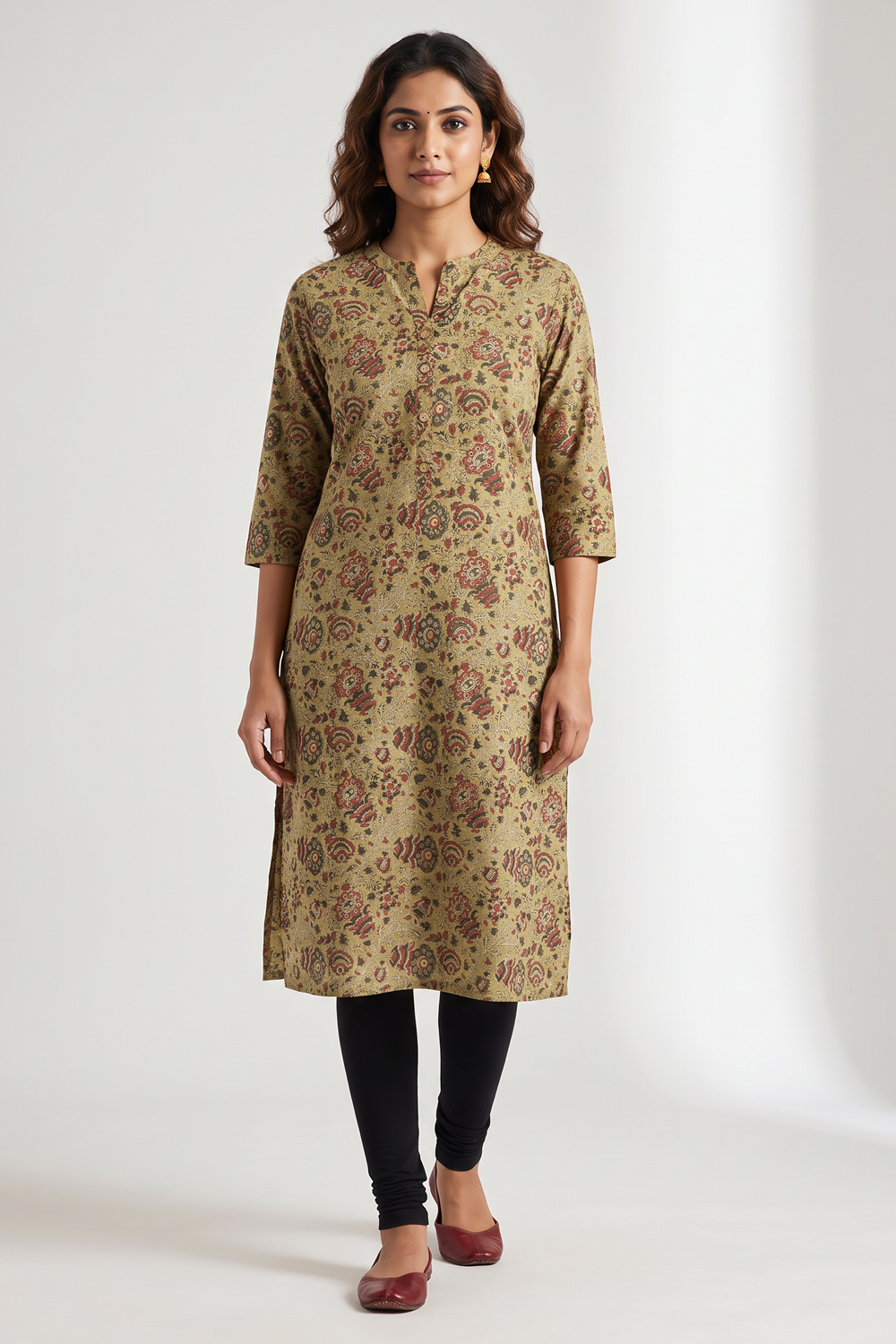 Women's Prints Cotton Blend Kurti with Round With V Cut Neck, 3/4 Sleeve and Regular Fit - Below Knee | Casual Ethnic Wear Kurti for Daily Wear & Casual Outings - F123