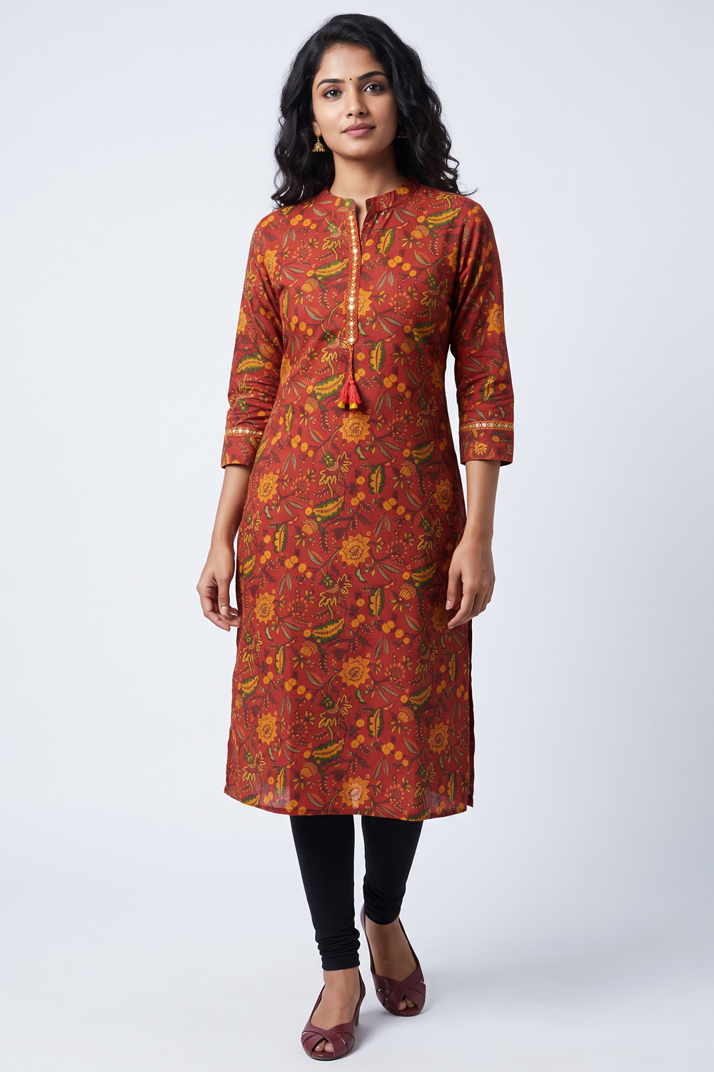 Women's Prints Cotton Blend Kurti with Mandarin Collar, 3/4 Sleeve and Regular Fit - Below Knee | Casual Ethnic Wear Kurti for Daily Wear & Casual Outings - F126