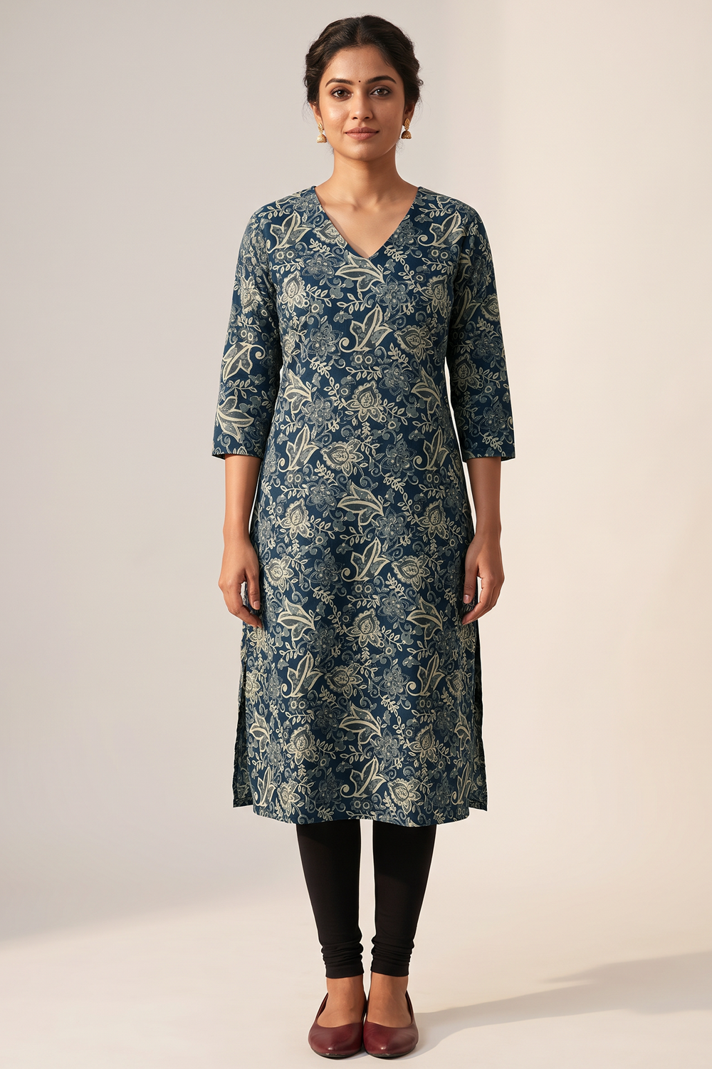 Women's Prints Cotton Blend Kurti with V Neck, 3/4 Sleeve and Regular Fit - Below Knee | Casual Ethnic Wear Kurti for Daily Wear & Casual Outings - F127