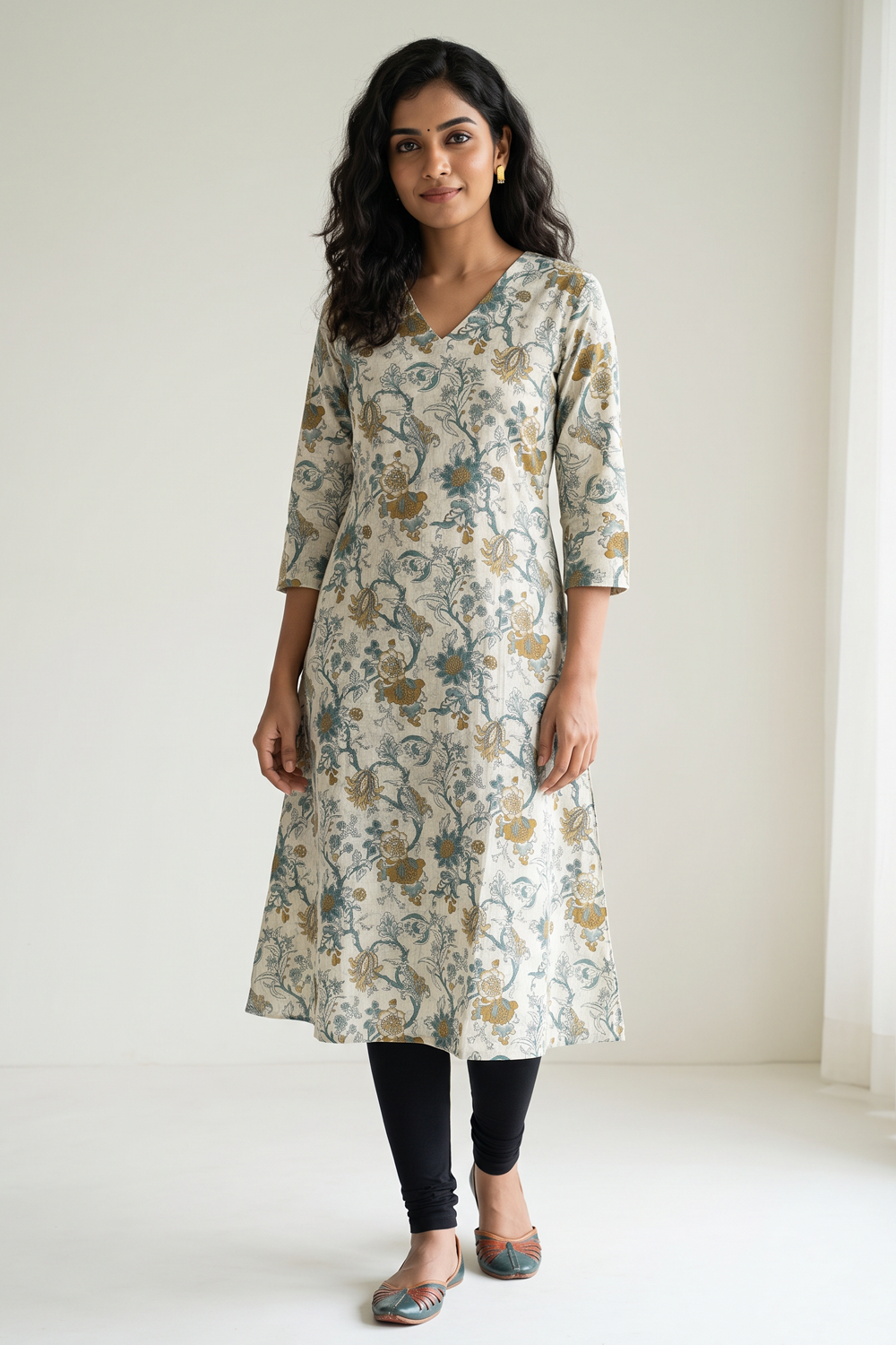 Women's Prints Cotton Blend Kurti with V Neck, 3/4 Sleeve and Regular Fit - Below Knee | Casual Ethnic Wear Kurti for Daily Wear & Casual Outings - F127