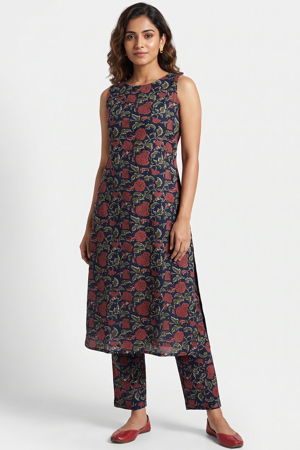 Women's Prints Cotton Blend Kurta Set with Round Neck, Sleeve Less and Regular Fit - Below Knee | Everyday Ethnic Wear Kurta Set for Office Wear & Daily Wear - F128