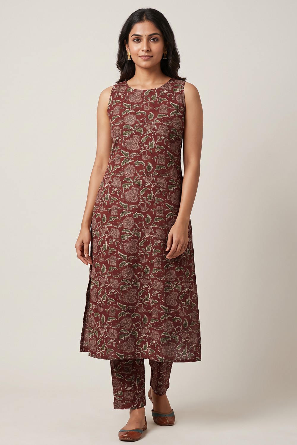 Women's Prints Cotton Blend Kurta Set with Round Neck, Sleeve Less and Regular Fit - Below Knee | Everyday Ethnic Wear Kurta Set for Office Wear & Daily Wear - F128