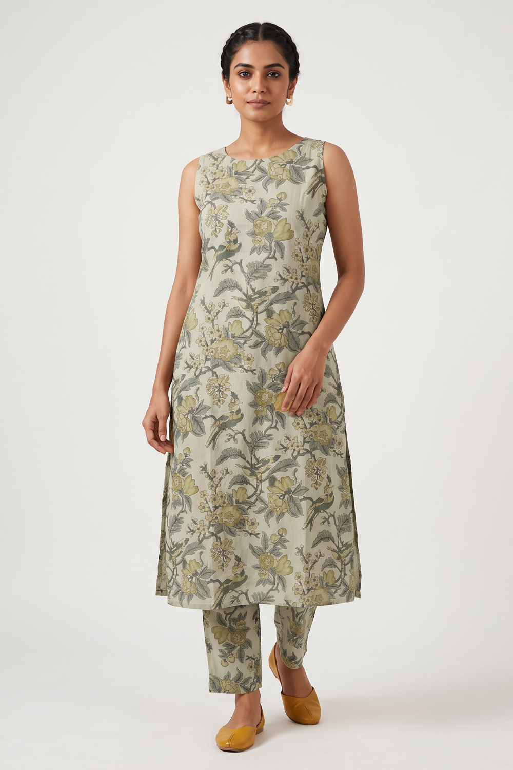 Women's Prints Cotton Blend Kurta Set with Round Neck, Sleeve Less and Regular Fit - Below Knee | Everyday Ethnic Wear Kurta Set for Office Wear & Daily Wear - F128