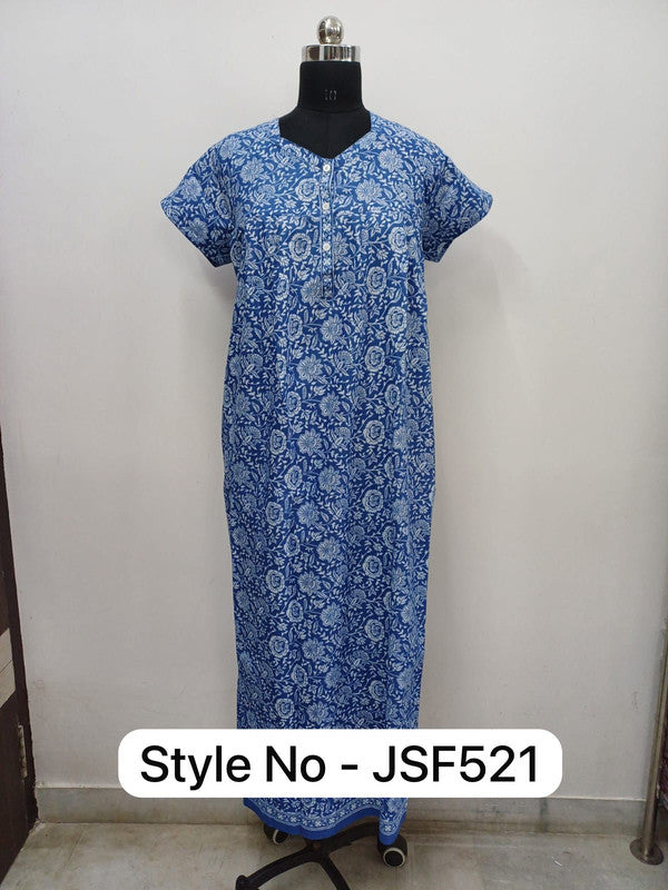 Women's Nighty Cotton Blend Full Length Printed Night Dress Comfortable Sleepwear for Women - Blue - 521A