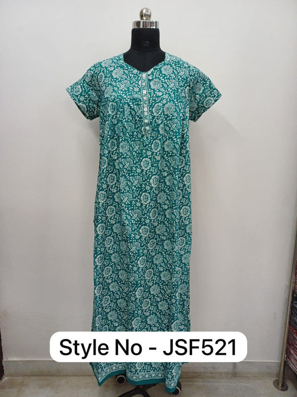 Women’s Nighty Cotton Blend Full Length Printed Night Dress Comfortable Sleepwear for Women - T.Green - 521A