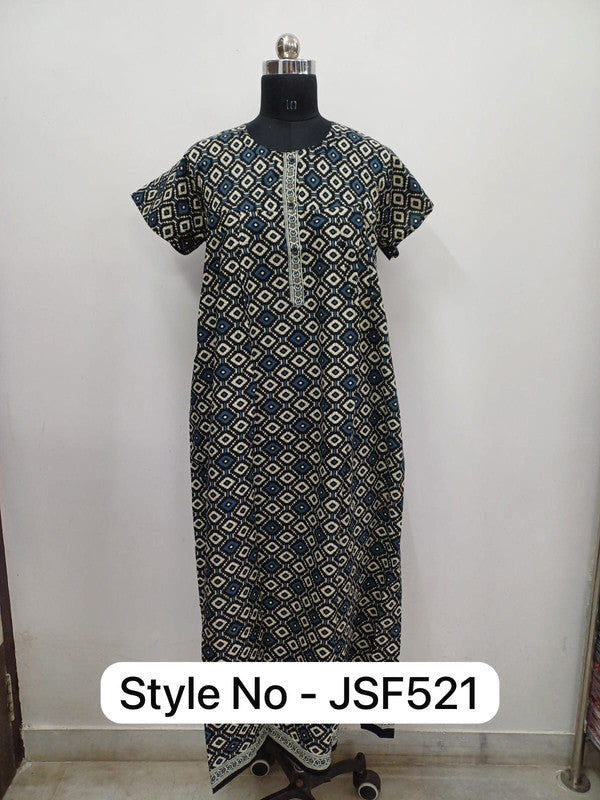 Women's Nighty Cotton Blend Full Length Printed Night Dress Comfortable Sleepwear for Women - Black - 521B