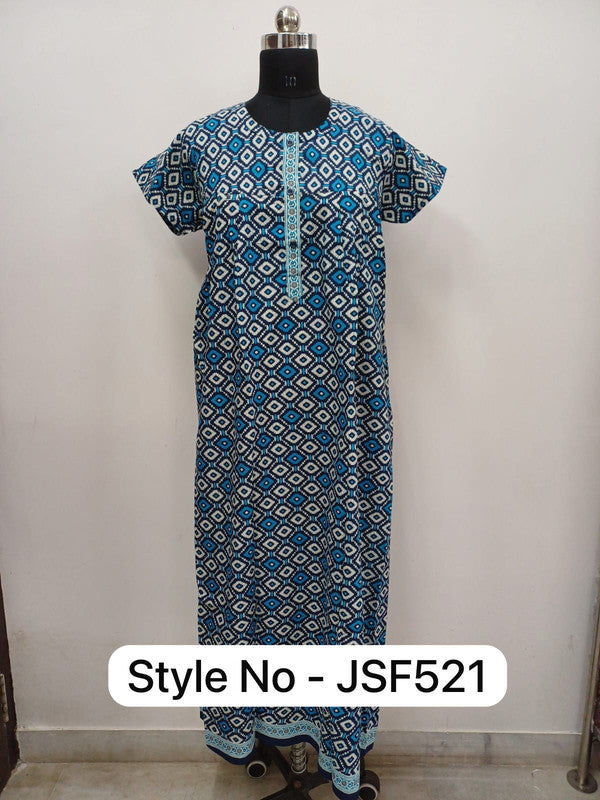 Women's Nighty Cotton Blend Full Length Printed Night Dress Comfortable Sleepwear for Women - Blue - 521B