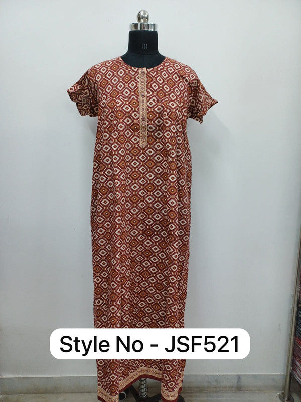 Women's Nighty Cotton Blend Full Length Printed Night Dress Comfortable Sleepwear for Women - Brown - 521B
