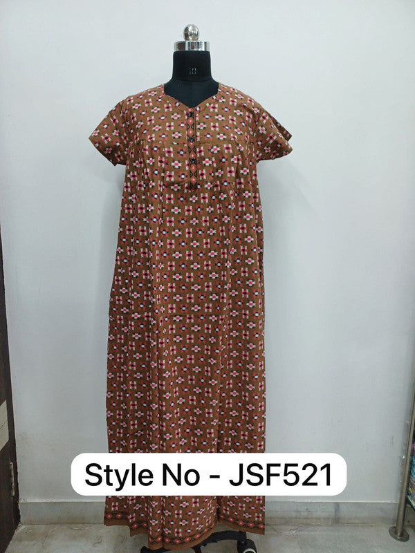 Women's Nighty Cotton Blend Full Length Printed Night Dress Comfortable Sleepwear for Women - Brown - 521C