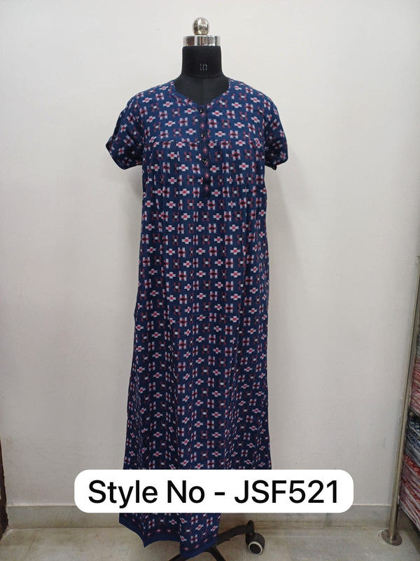 Women's Nighty Cotton Blend Full Length Printed Night Dress Comfortable Sleepwear for Women - Dark Blue - 521C