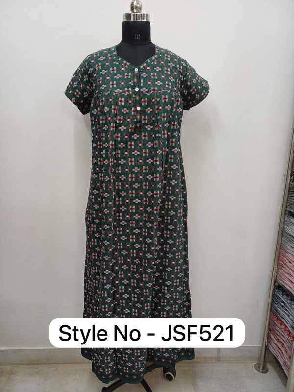 Women's Nighty Cotton Blend Full Length Printed Night Dress Comfortable Sleepwear for Women - Dark Green - 521C
