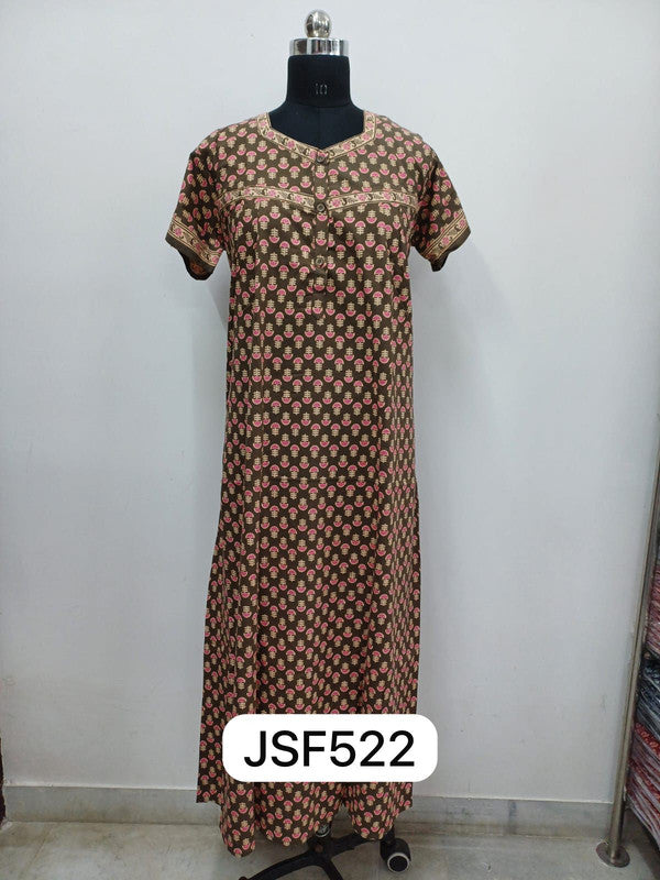 Women's Nighty Cotton Blend Full Length Printed Night Dress Comfortable Sleepwear for Women - Brown - 522A
