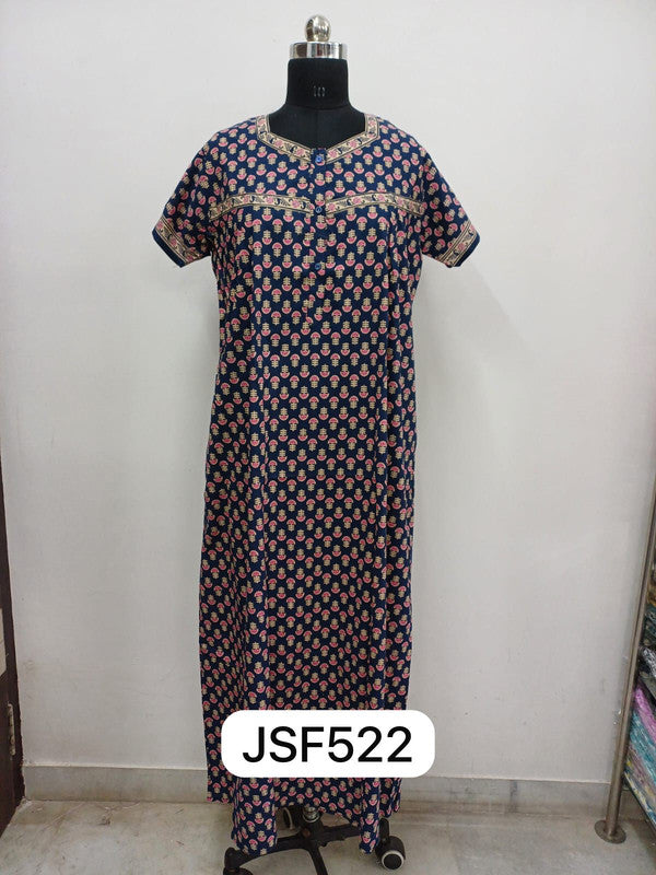 Women's Nighty Cotton Blend Full Length Printed Night Dress Comfortable Sleepwear for Women - Dark Blue - 522A