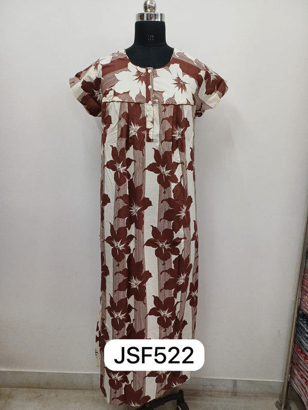 Women's Nighty Cotton Blend Full Length Printed Night Dress Comfortable Sleepwear for Women - Brown - 522B