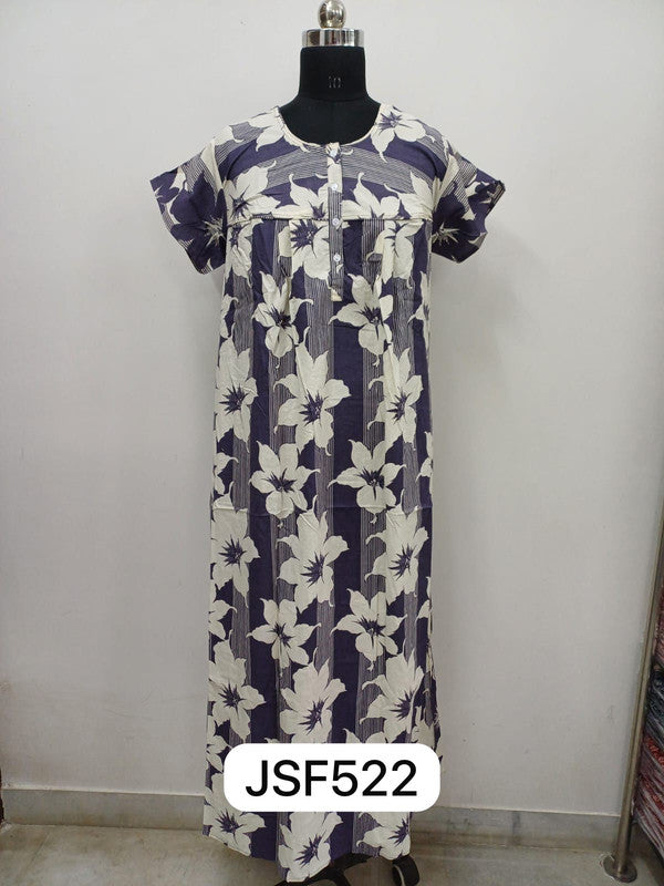 Women's Nighty Cotton Blend Full Length Printed Night Dress Comfortable Sleepwear for Women - Navy - 522B