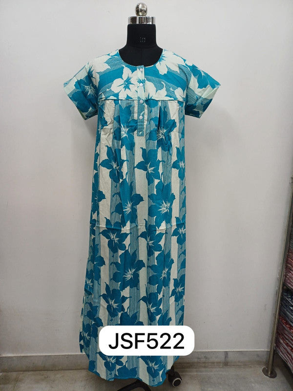 Women’s Nighty Cotton Blend Full Length Printed Night Dress Comfortable Sleepwear for Women - T.Blue - 522B