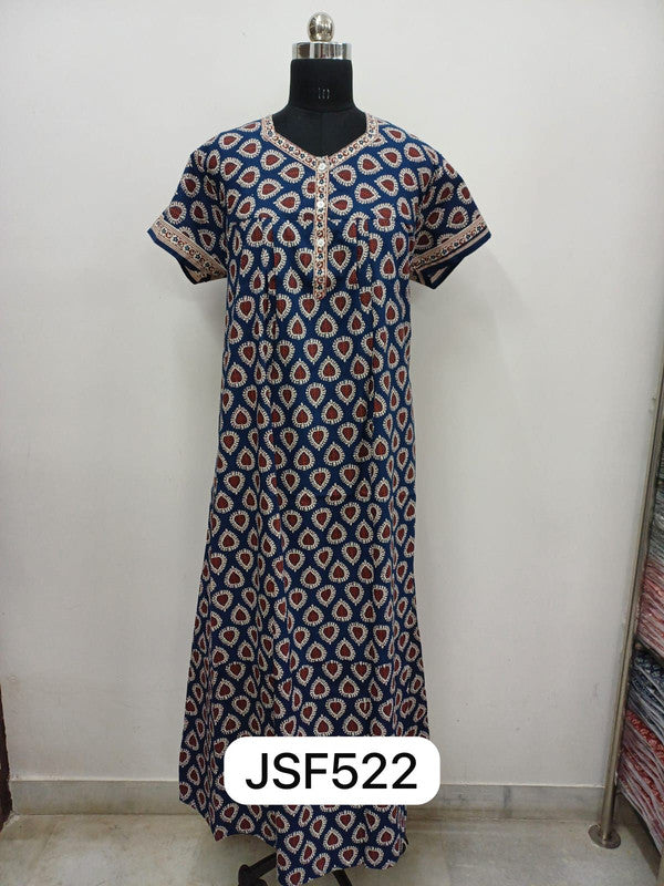 Women's Nighty Cotton Blend Full Length Printed Night Dress Comfortable Sleepwear for Women - Dark Blue - 522C