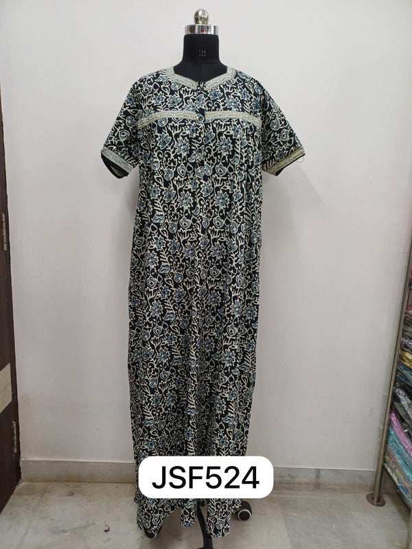 Women's Nighty Cotton Blend Full Length Printed Night Dress Comfortable Sleepwear for Women - Black - 524A